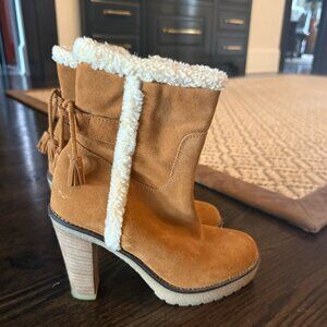 Brown Suede Sherpa Heeled Boots | Size 36